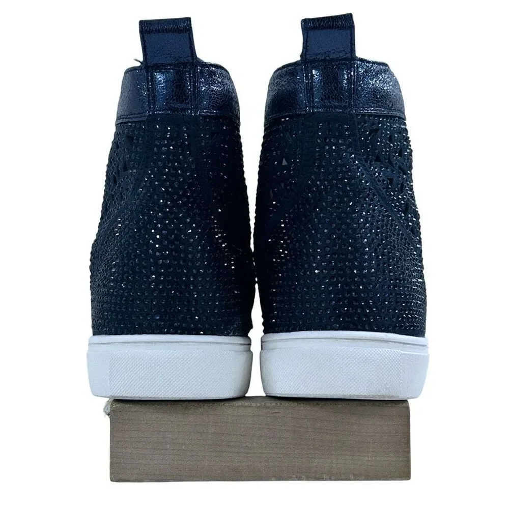 Lady Couture Flat Laser Cut High Top Bling Rhinestone Sneaker Navy Women's Size - Picture 5 of 10